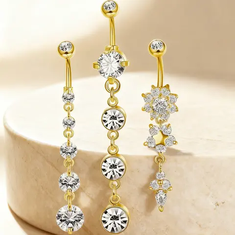 Women's Sexy Elegant Artificial Zircon Flower Pattern Long Belly Ring Set, Sparkling Piercing Navel Jewelry for Party Summer Body Jewelry Body Jewellery