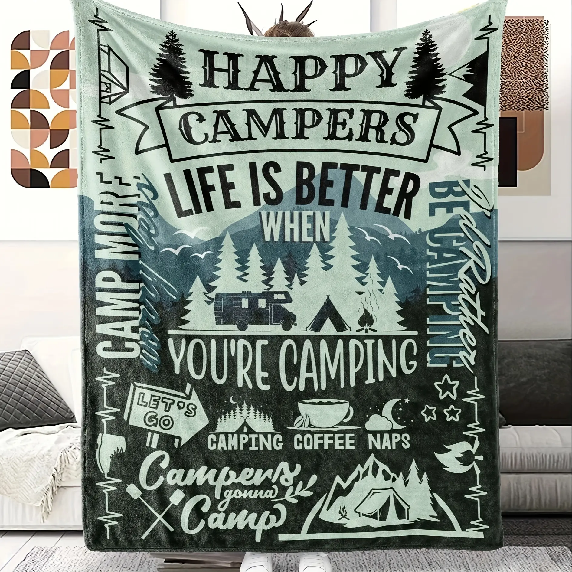 1pc Cozy Camping Theme Gift Blanket - Soft Flannel Material, Unique Happy Campers Design, Perfect For Outdoor Adventures And Camping Trips - Ideal For Women And Men, Lovers, Home Decor, Travel, Hiking, And Campsite Use