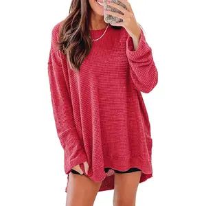 Long Sleeve Shirts For Women Oversized Sweatshirt Crewneck Waffle Knit Fall Tops for Women 2025