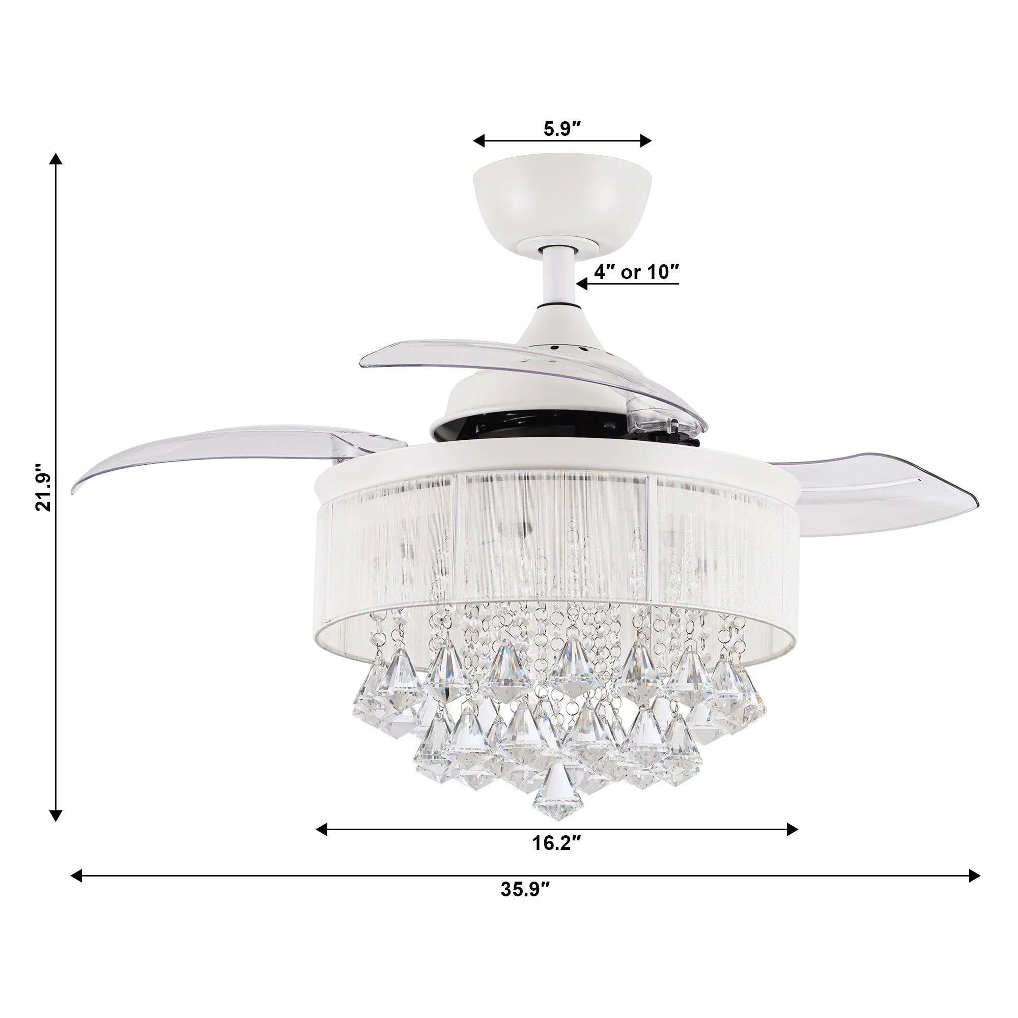 36" Bangaiore Modern Crystal Ceiling Fan, Downrod Mount with LED Light & Remote Control