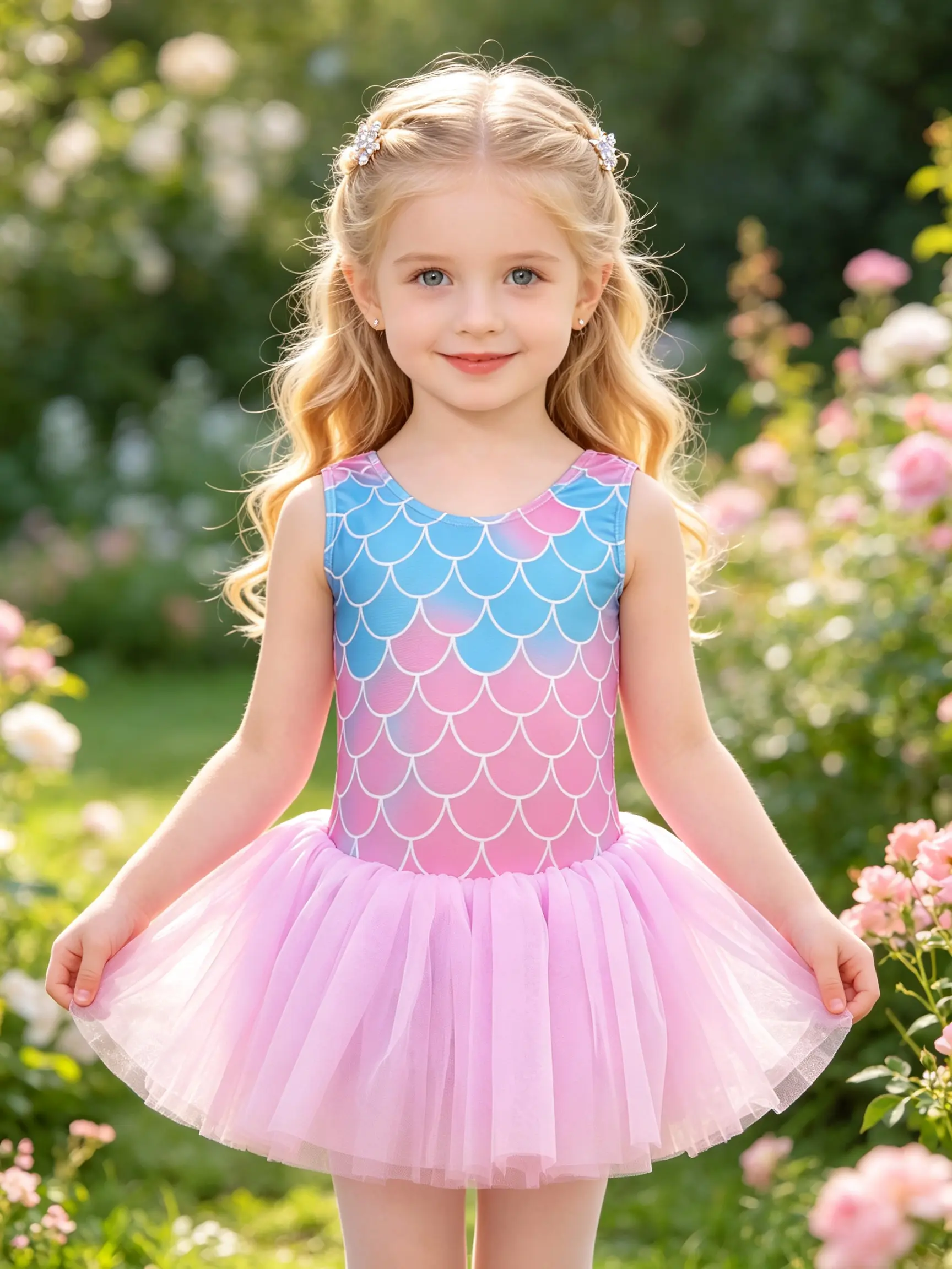 Little Girls Sleeveless Mermaid Scale Ballet Tutu Dress Leotard Pink Tulle Skirt Kids Gymnastics Dance Outfit Toddler Recital Training Costume