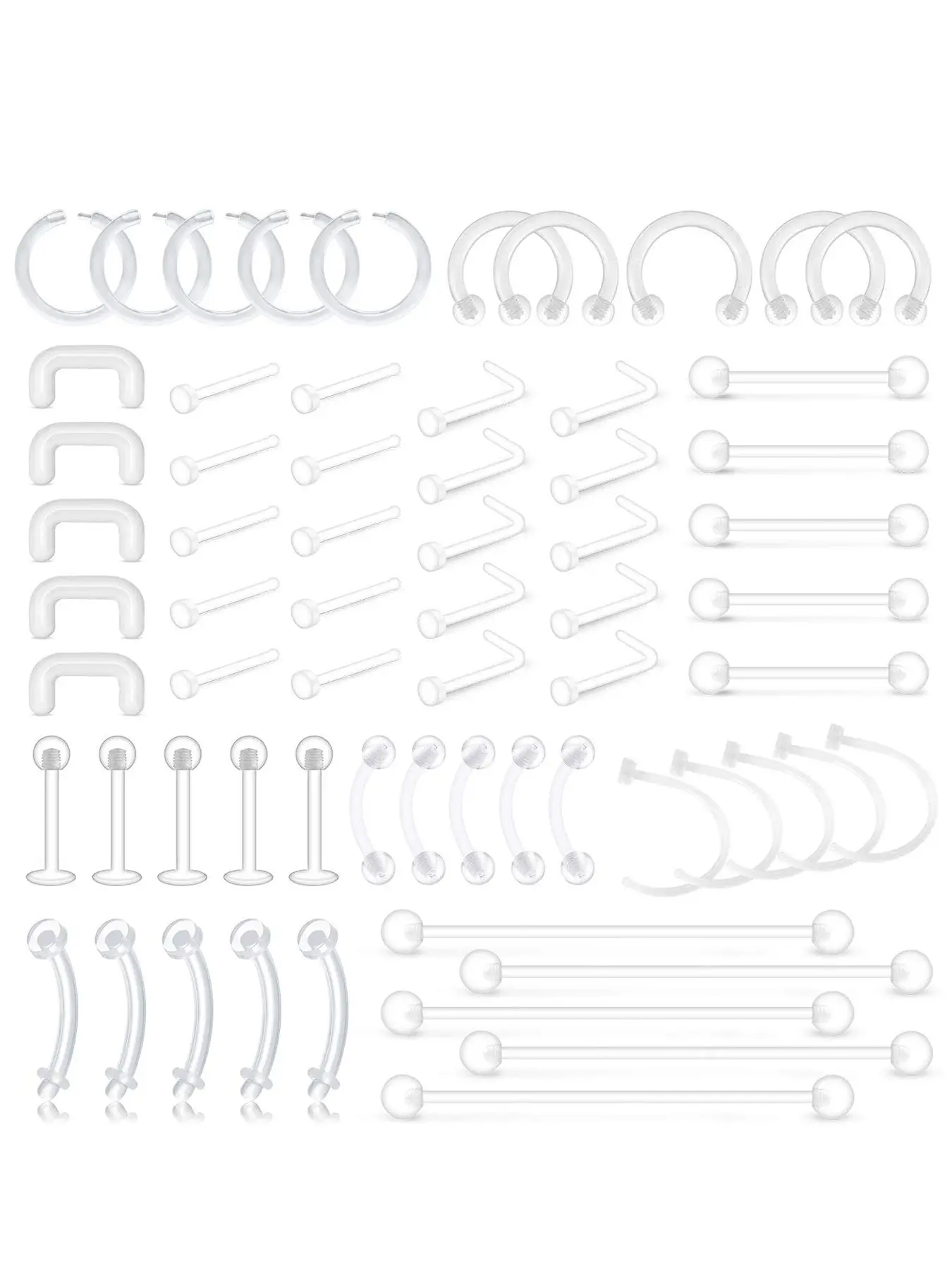 Clear Piercing Retainers, 65 Counts Flexible Lip Ear Nose Septum Eyebrow Nipple Tongue Rings Plastic Piercing Jewelry, Body Jewelry for Party, Nose Piercings Kit