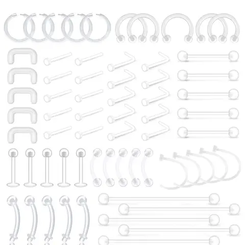 Clear Piercing Retainers, 65 Counts Flexible Lip Ear Nose Septum Eyebrow Nipple Tongue Rings Plastic Piercing Jewelry, Body Jewelry for Party, Nose Piercings Kit, Piercing Party Pack