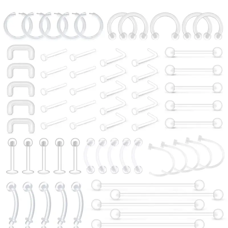 Clear Piercing Retainers, 65 Counts Flexible Lip Ear Nose Septum Eyebrow Nipple Tongue Rings Plastic Piercing Jewelry, Body Jewelry for Party, Nose Piercings Kit, Piercing Party Pack