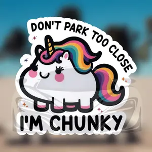 4PCS/SET "DON'T PARK TOO CLOSE I'M CHUNKY Chonky Unicorn Parking Reminder Meme Logo (Chubby Cute Unicorn + Rainbow Mane & Tail + Parking Meme Text + Soft Pink-Colorful Scheme)" Car Cute Reminder-Style Sticker For Body/Window Cross-border Hot Cute