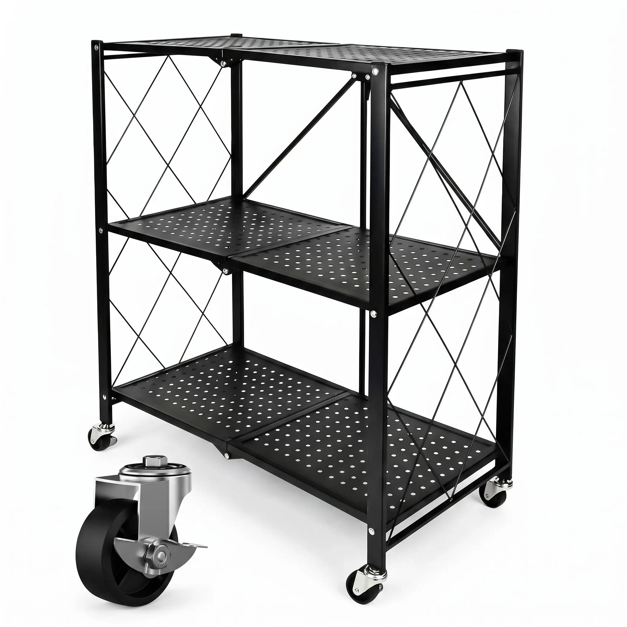 3-Tier Heavy Duty Foldable Metal Rolling Shelf - Black Removable Space-Saving Rack Shelf with Wheels for Garage, Kitchen, Portable Home Organizer Storage Unit (3/5 Tier Option Available)