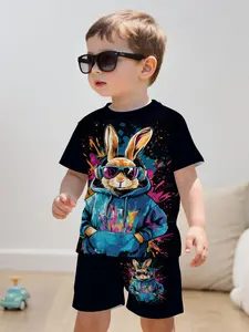 Cool Boy Rabbit Pattern 3D Print Hoodie Set, Short Sleeve Pullover Shorts, Comfortable Fabric, Summer Casual Sportswear, Kids Gift