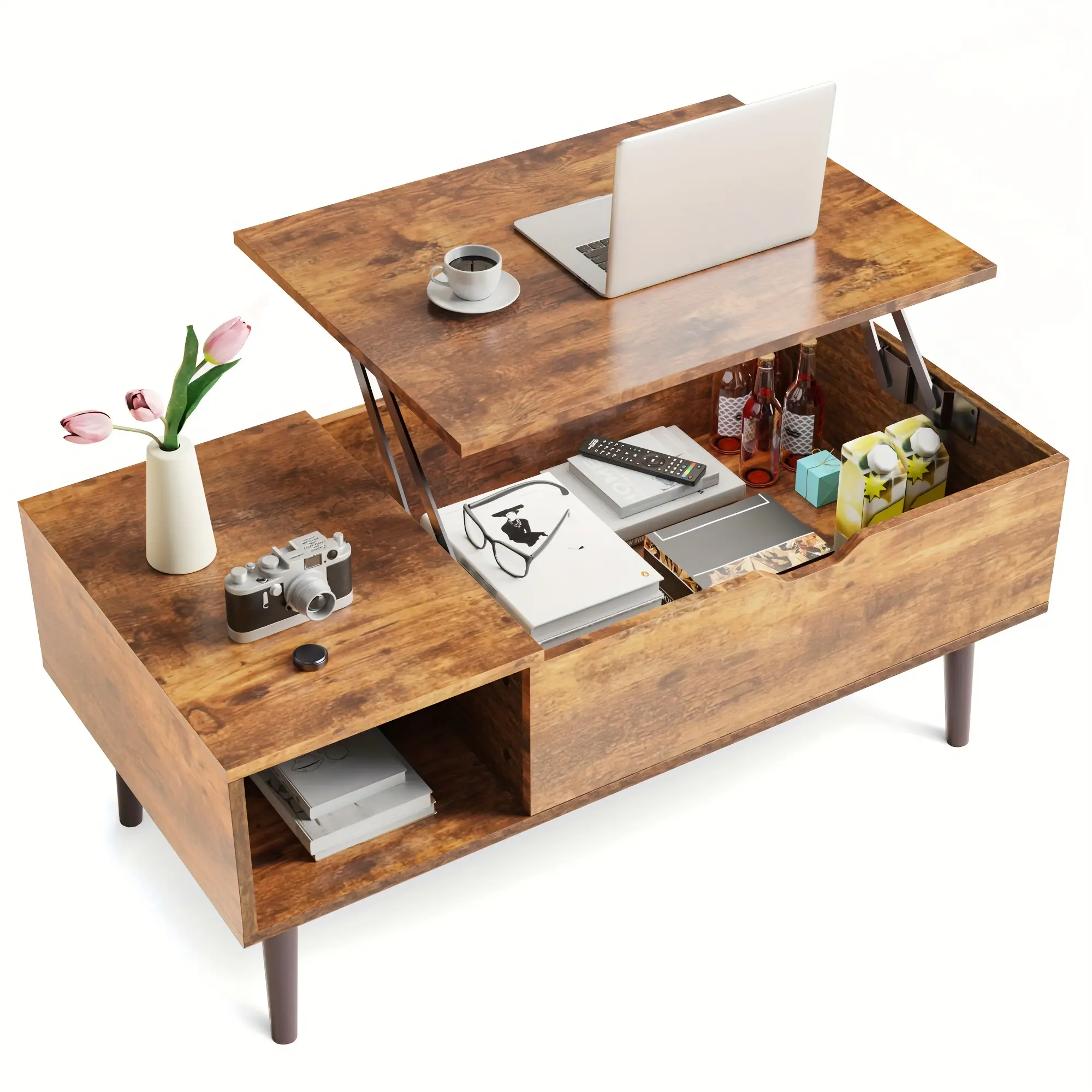 Modern Wood Lift-Top Small Coffee Table - Organizer Storage with Hidden Compartment, Floating Shelf, Special & Stable Design, Doubles as Computer Desk/Temporary Dining Table for Living Room
