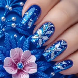 Deep Sea Blue Nail Art Pearl Flower Design, Textured Wearable Nails, Model Xinghao T294, Non-Flammable Liquid, No Ca Prop 65 Warning