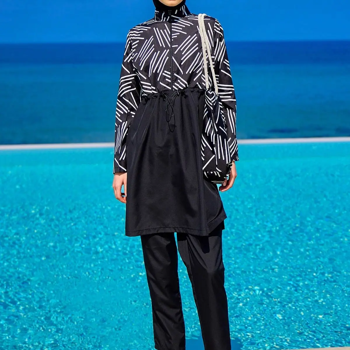 Black Full Coverage Modest Swimwear Set for Women R2509