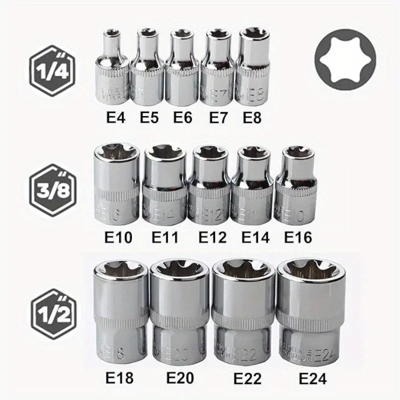 14pcs Female E-Torx Star Socket Set With Case, 1/4", 3/8", 1/2" Drive External Star Socket Set, Torx Bit Socket, Torque Socket Set Includes E4-E24 Sizes Nice Gifts