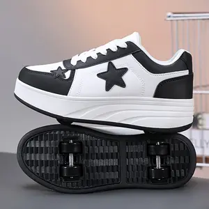 Kids Star Applique Hidden 4-Wheel Roller Skate Sneakers, Lace Up Low Top Color Block Platform Skate Shoes, Convertible Detachable Wheeled Casual Sports Shoes for Boys Girls Outdoor Walking