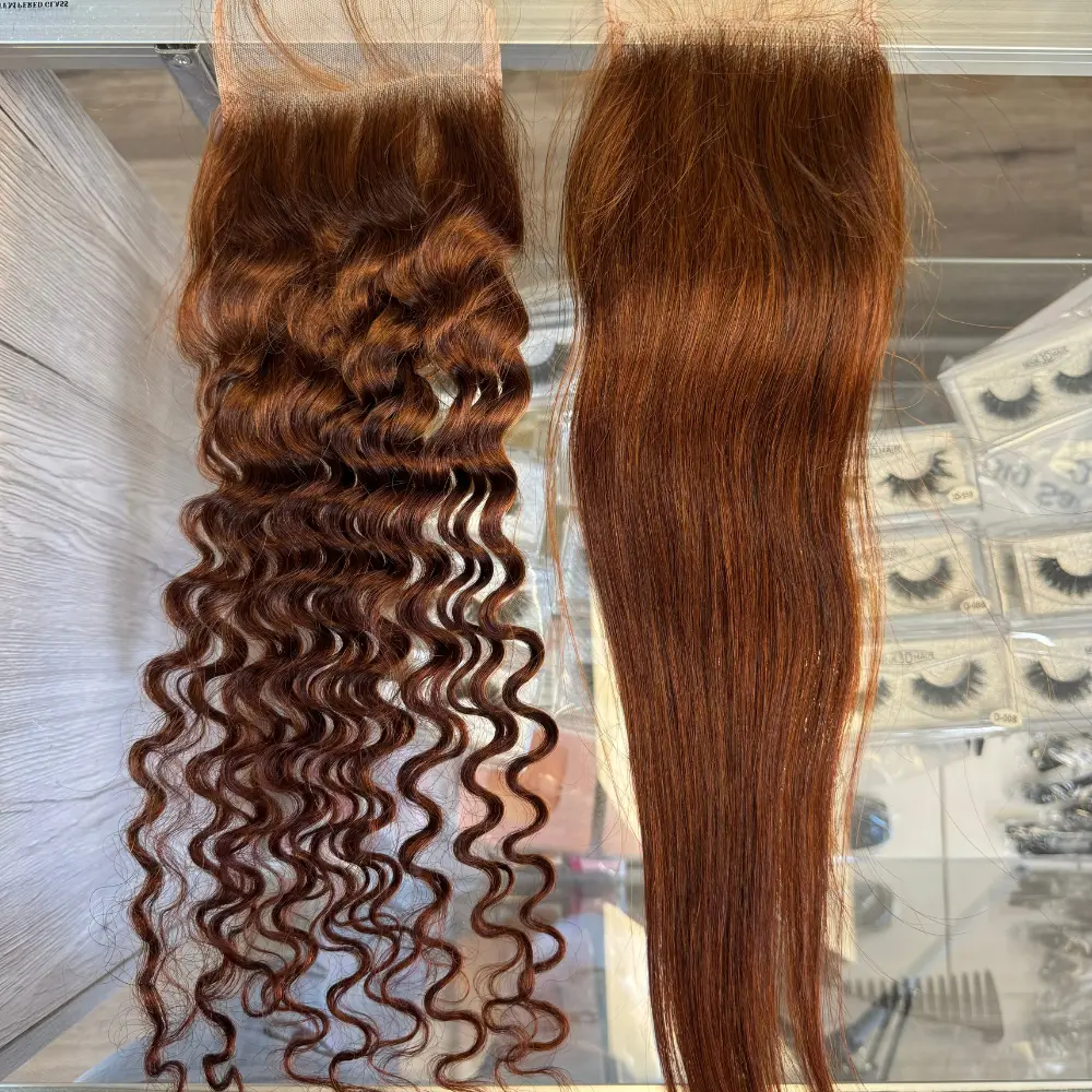 [We Heart Hair] 4x4 Reddish Brown Copper Red Human Hair Swiss Lace Closure Straight Deep Wave Virgin Hair Natural Look