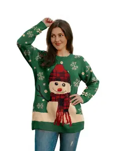 Women's Plus Size Christmas Sweater, Loose-Fitting Round Neck Knitwear, Printed Snowman Design Pullover for Winter Fashion