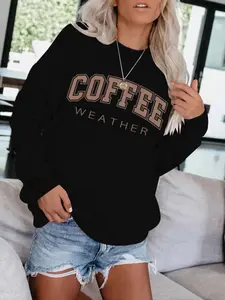 Women's Casual Coffee Print Pullover Sweater, Soft Long Sleeve Round Neck Sweatshirt, Comfortable Daily Wear