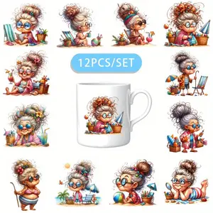 12PCS/SET Old Lady By The Seaside DIY Skinny Tumblers Wrap Decorative transfer paper UV DTF High Self-adhensive Wraps Transfers Decor Transfer Paper On Cup Crafts Cup Stickers