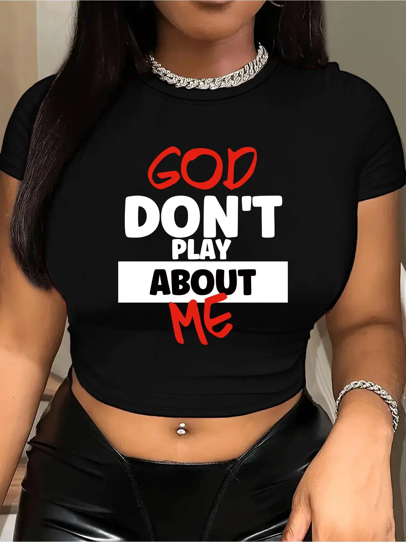 Women's Letter Print Round Neck Crop Tee, Casual Cropped Tees, Fashion Casual Crew Neck Short Sleeve T-shirt for Daily Holiday Vacation Outdoor Wear, Ladies Clothes for All Seasons, Casual Cropped Top, Womenswear