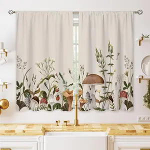 Vintage Mushroom Small Kitchen Curtains Leaves Botanical Window Treatment Rustic Mushroom Cafe Short Window Curtains for Bathroom Dining Laundry Room Beige Tier Treatment Drapes 27.5x39 inch