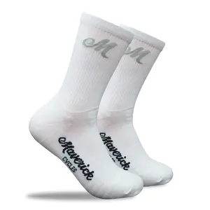 Maverick Cycles Bike PRO Compression Cycling Socks Crew Hiking Running Athletic Socks 2 Pairs, White - 2 Pack
