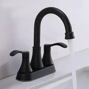 Matte Black Bathroom Sink Faucet, 2-Handle 4 Inch Centerset  Modern Commercial, 360? Swivel High-Arc Spout Lavatory Vanity Faucets Set for Bathroom Sink with Pop-up Drain & Water Hoses