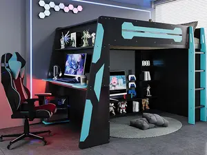 SAVEYOUR All-in-One Gaming Workstation Wood Loft Bed with Desk Storage & RGB Light Full Size Cloud Blue Esports Style Full Wood Frame 93.3” x 55.6” x 65”