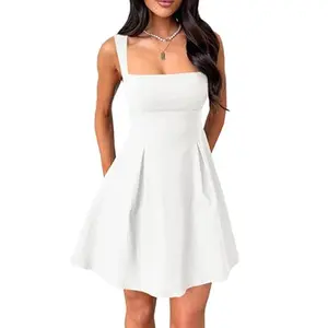 Womens Mini Party Dress Sleeveless Backless Bow Tie Square Neck Short Dress wendy white dress