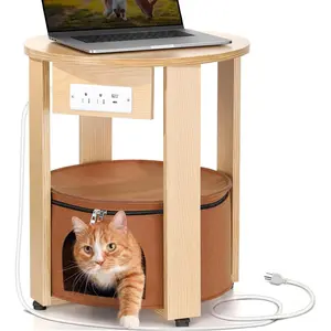 Side Table Cat House End Table with Charging Station Peekaboo with Round Felt Pet Cave Storage Accent Table for Living Room, Small Nightstand Table Bedroom, Oak and Caramel 20"x20"