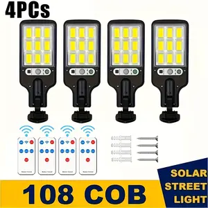 2/4, 108 COB LED safety lights, outdoor solar street lamps, IP65 waterproof remote-controlled solar wall lamps with lighting modes, for outdoor use from dusk to dawn, for porches, gardens, patios, fences, and walkways, super bright solar street lamps
