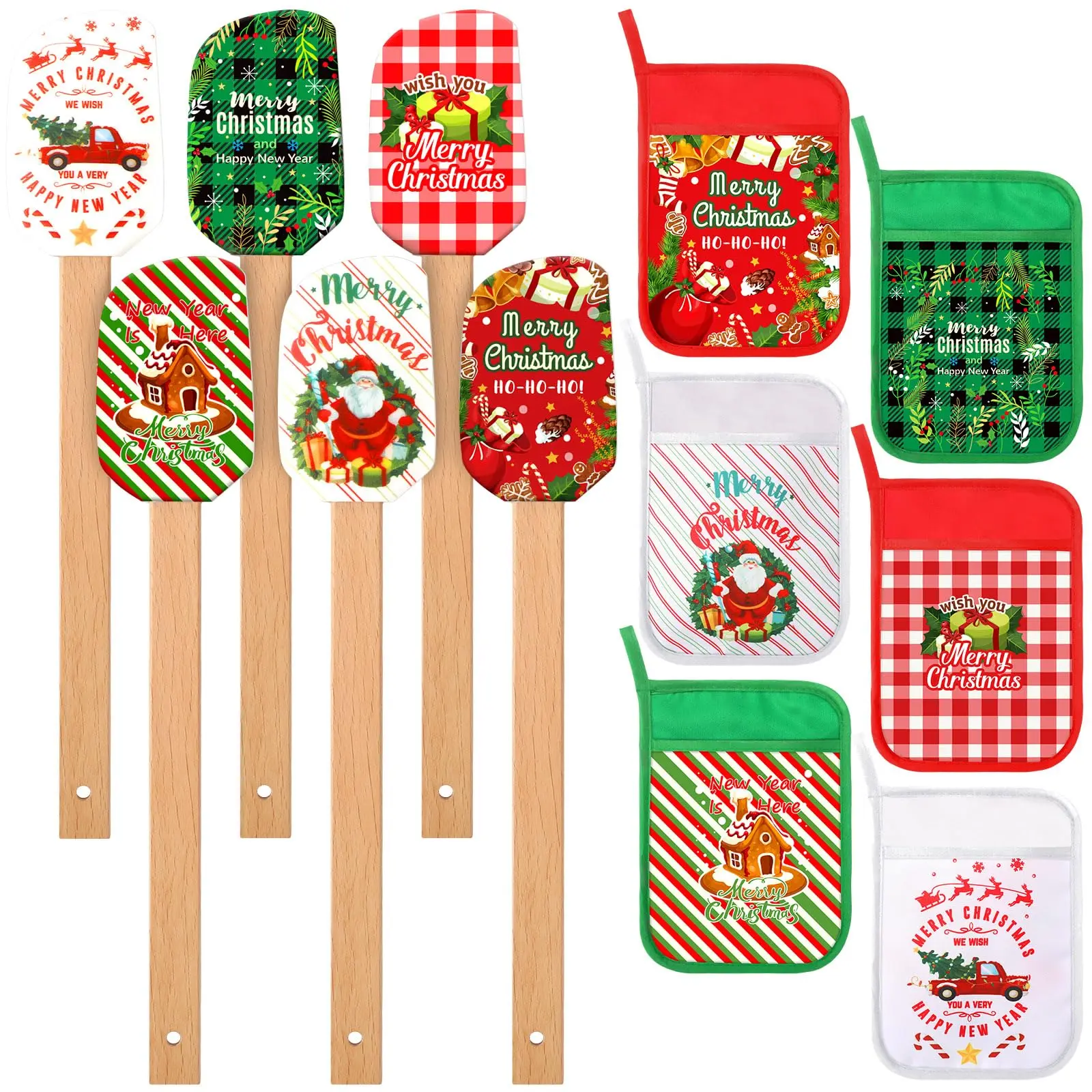 Cotton Pot Holders with Pockets - Heat Resistant Christmas Silicone Spatulas, Rubber Spoon Spatula, Oven Mitts, Insulation Pads - Durable 12/24-Piece Complete Baking Set for Kitchen Cooking, Festive Gifts, Party Supplies