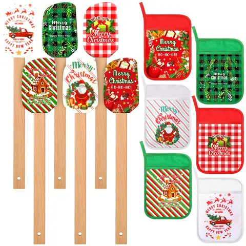 24Pcs Christmas Pot Holders with Pockets Silicone Spatulas Pot Holders Heat Resistant Oven Mitts Ornament Pot Holders Kitchen Insulation Pads Rubber Spoon Spatula Bakeware Kitchenware Kitchen Essentials Birthdays Christmas Gifts Party Supplies