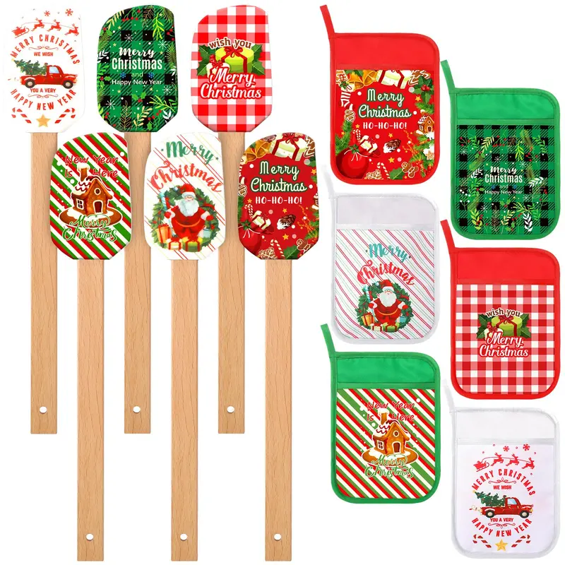 24Pcs Christmas Pot Holders with Pockets Silicone Spatulas Pot Holders Heat Resistant Oven Mitts Ornament Pot Holders Kitchen Insulation Pads Rubber Spoon Spatula Bakeware Kitchenware Kitchen Essentials Birthdays Christmas Gifts Party Supplies