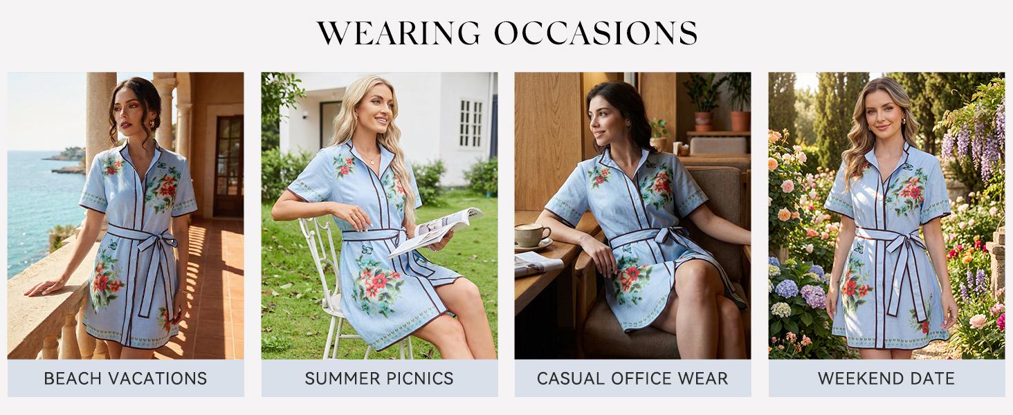 CHARTOU Women's Floral Linen Button Down Wrap Tie Knot Boho Beach Shirt Dress with Belt