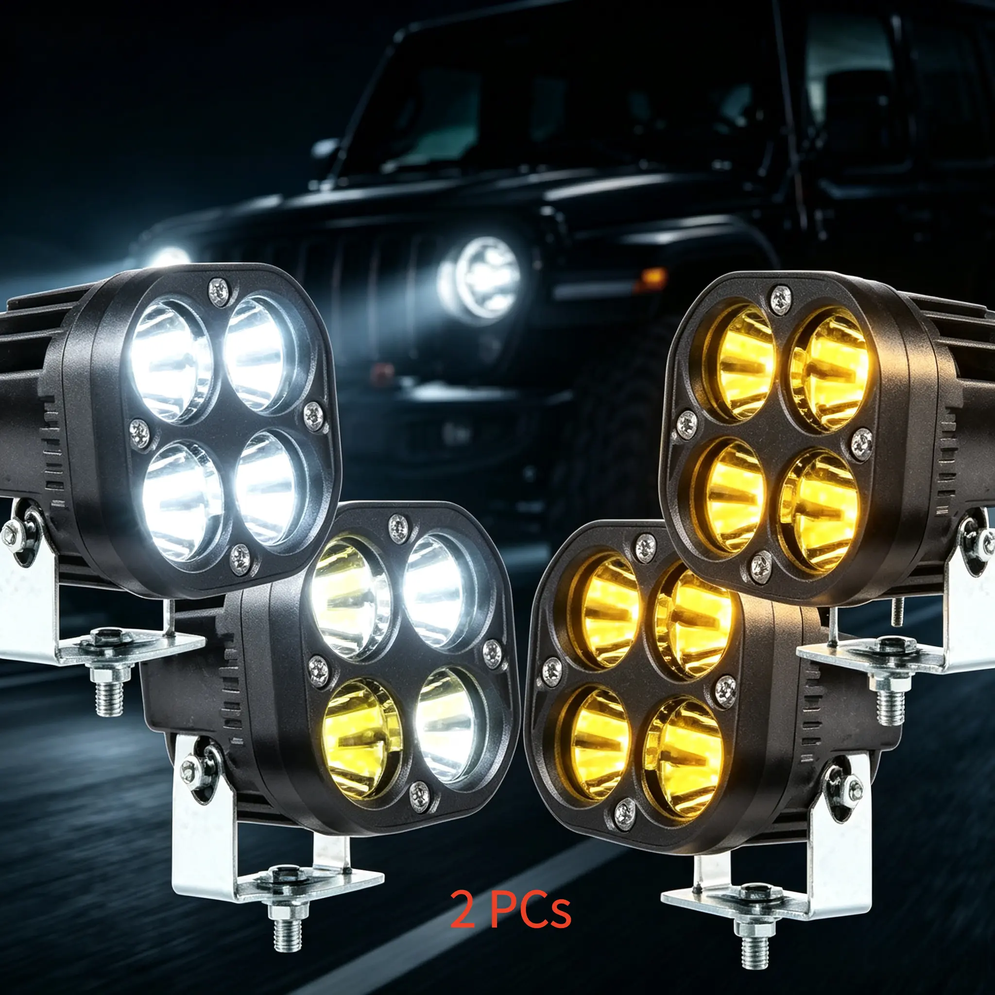 2PCS Compact Yellow & White 4-LED Mini Cannon Fog Lights Auxiliary LED Driving Lights, Waterproof 12-60V Offroad Spotlights with High-Adhesive Sticker, 3-Pin Switch for Great Wall Poer (Cannon), Heavy Duty Trucks (Ideal for Night Riding), Auxiliary Lights