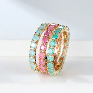 RINGLUX - Fashion Single Row Stone Blue Green Pink Ice Flower Zircon Stacking Engagement Rings For Women Gold Color Round Wedding Bands