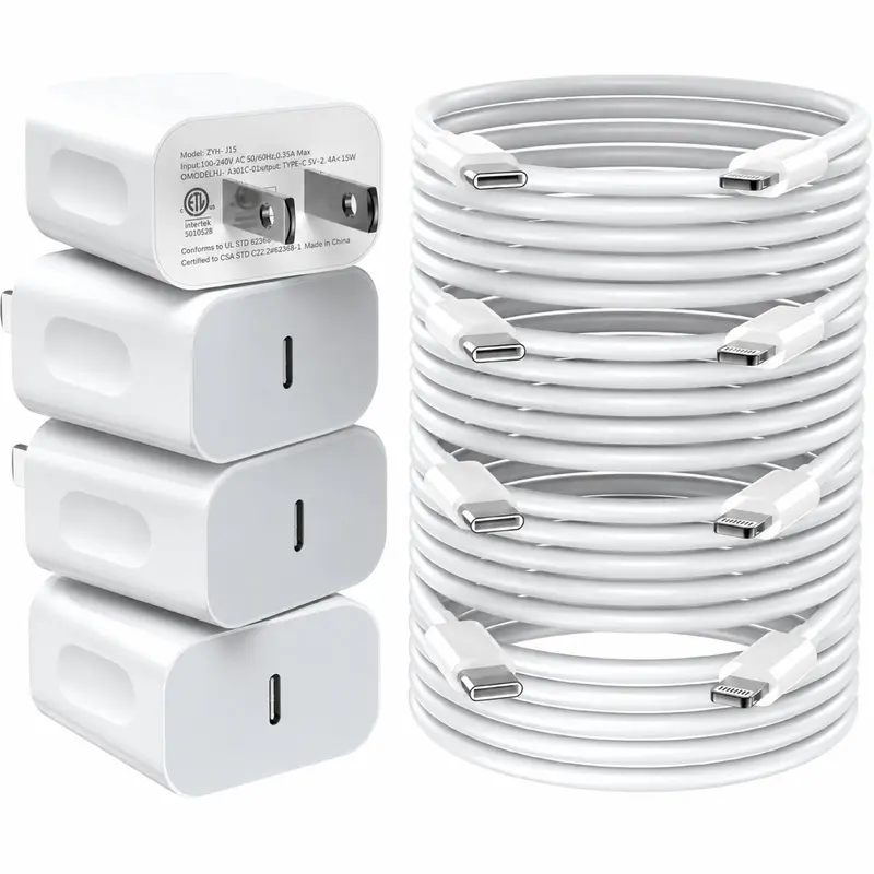 4 Pack 20W PD USB C Wall Charger with 6FT Fast Charging Cable for iPhone 14/14 Pro Max/13/13 Pro/12/12 Pro/11/11 Pro/XS, iPad - High-Quality Copper Cable & Multi-Protection System - Cellphone