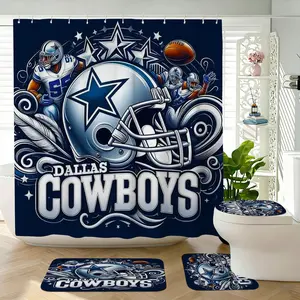 Dallas Cowboys Football Theme Shower Curtain Set, Blue Silver Color, Includes Hooks, Non-Slip Mat, U-Shaped Toilet Pad, Home Decor
