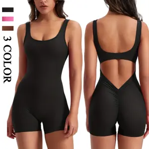 Women's V-Back Tummy Control Scrunch Shorts Jumpsuit High Stretch Breathable Bodysuit for Yoga Fitness Gym Outfit