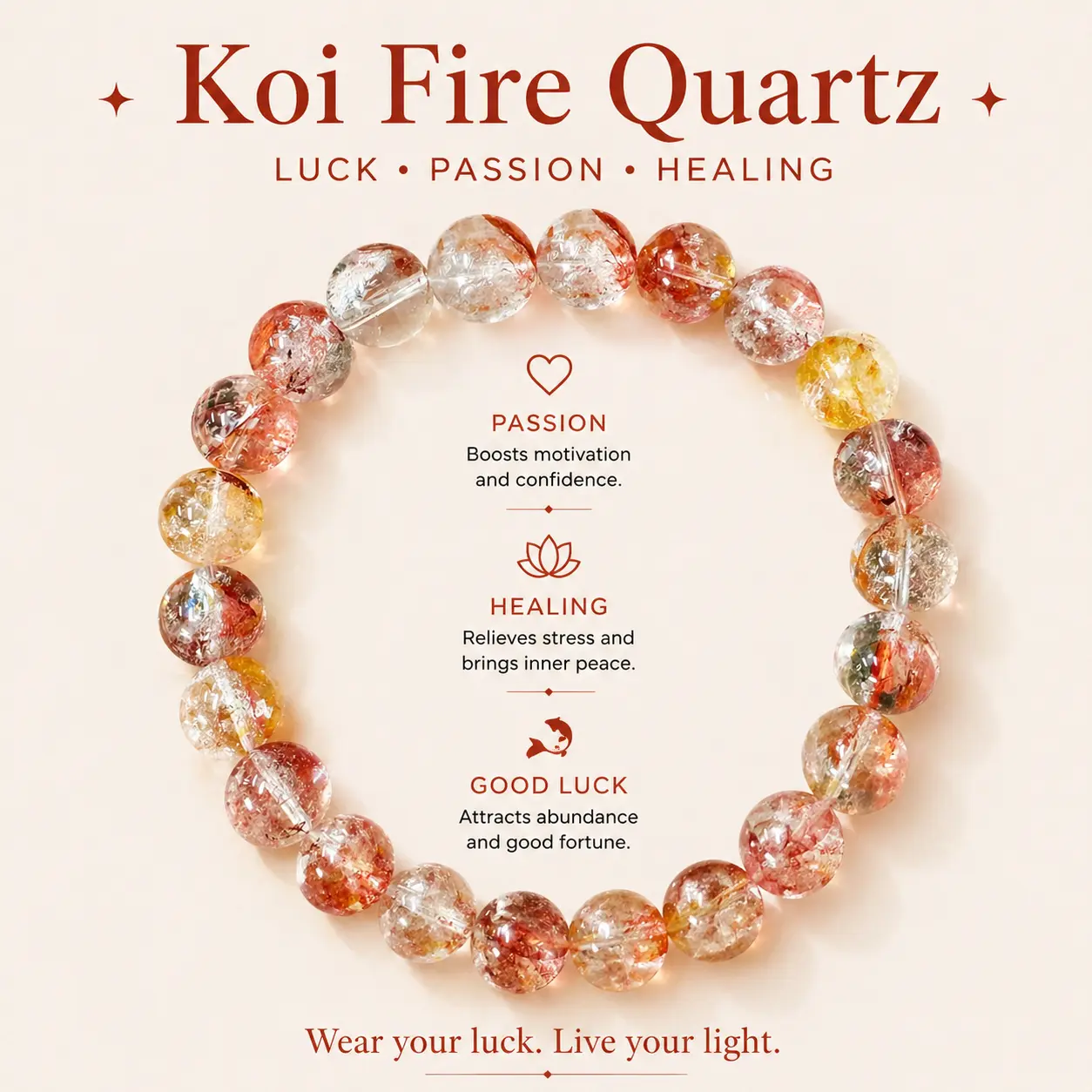 Koi Fire Quartz Bracelet for Passion & Luck - Natural Healing Crystal for Protection, Gift for Her/Him, Perfect for Daily Wear, Meditation