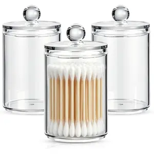 3 Pack Acrylic Qtip Holder Dispenser for Cotton Ball, Swab, Round Pads and Floss, Small Clear Bathroom Storage Jars for Makeup Counter Vanity Accessories