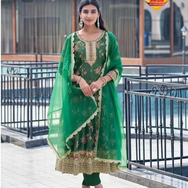 Elegant Anarkali Suit - Shruti Simmer Shruti Sirat Collection, Tissue Fabric, Floral Embroidery, Chic Formal Wear, Sequin Accent
