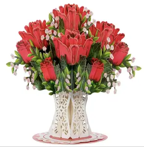 Valentine's Day 3D Pop Up Card with Red Tulip Bouquet 2 in 1 Gift for Girlfriend Boyfriend Wife Husband Romantic Keepsake for Birthday Wedding Anniversary