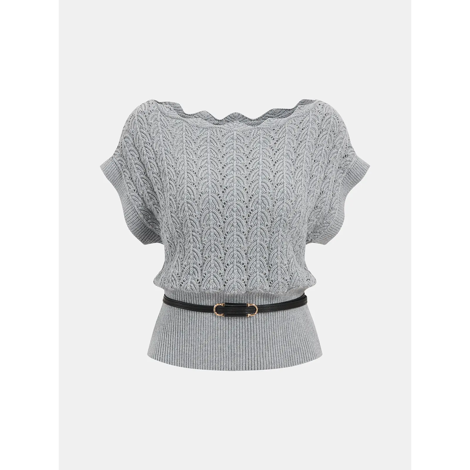 Scalloped Neck Belted Knit Top