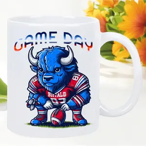 Buffalo Football-Themed Insulated Ceramic Coffee Mug, 11oz, 3.2" x 9.6" – Reusable, Hand Wash Only – Perfect for Sports Fans, Ideal Gift for Birthdays & Holidays – White with Blue Bull Design, Sports Fan Gift |   Energetic Theme Mug |   Reusable Mug
