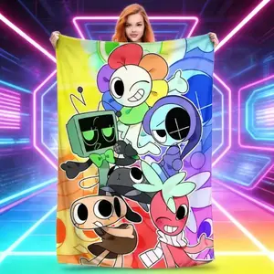 Dandys World Soft Flannel Throw Blanket - Roblox Game Merch, Astro Vee Cute Character, Cartoon Scene, Colorful Blocky, Chibi, Animal Character, Dopamine Decor for Kids Room, Cozy Fleece Plush Bedding Gift for Teens, TikTok Viral Couch Accessory, Cartoon S