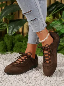 Women's Vintage Ballet Style Dark Velvet Trainer Shoes, Round Toe Low Top Lace-Up Hollow Out Soft Sole Flat Casual Sneakers