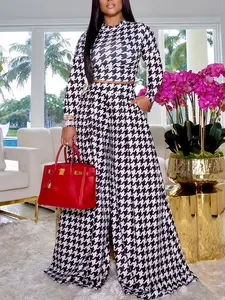 Women’s Houndstooth 2 Piece Outfit | Elegant Long Sleeve Crop Top & Wide Leg Pants Set for Office, Brunch & Daily Wear Womenswear Fabric Black Casual Chic