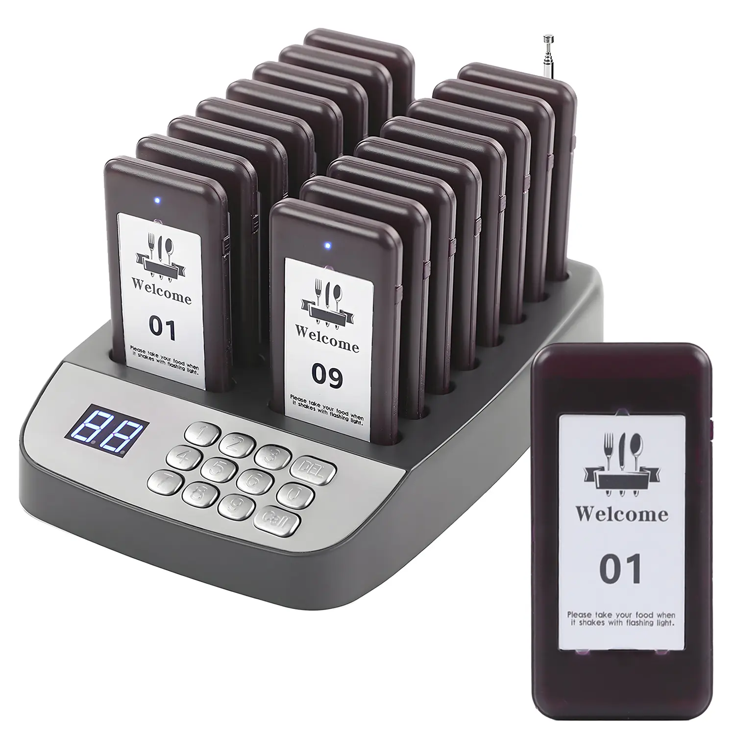 LOUKIENE Restaurant Pager System, 16 Pagers, Wireless Calling System Replaceable Stickers, Vibration Flash and Buzzer, Mute Button, 984ft Range, for Queue in Churches Hospital Hotel Bar Eatery food truck