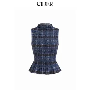 Cider High Neck Checks Lettuce Trim Shirred Tank Top