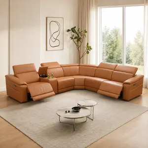 Light Brown Top Breathing Leather 6-Piece Living Room Recliner Sofa set