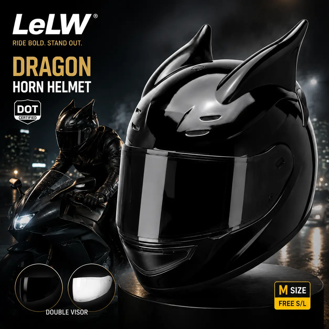 LeLW Dragon Horn Motorcycle Helmet DOT Certified Full Face Lightweight Stylish Cat Ear Inspired Racing Helmet for Men & Women with Aerodynamic Design, Breathable Comfort Liner, Removable Padding, City Street Riding Gear